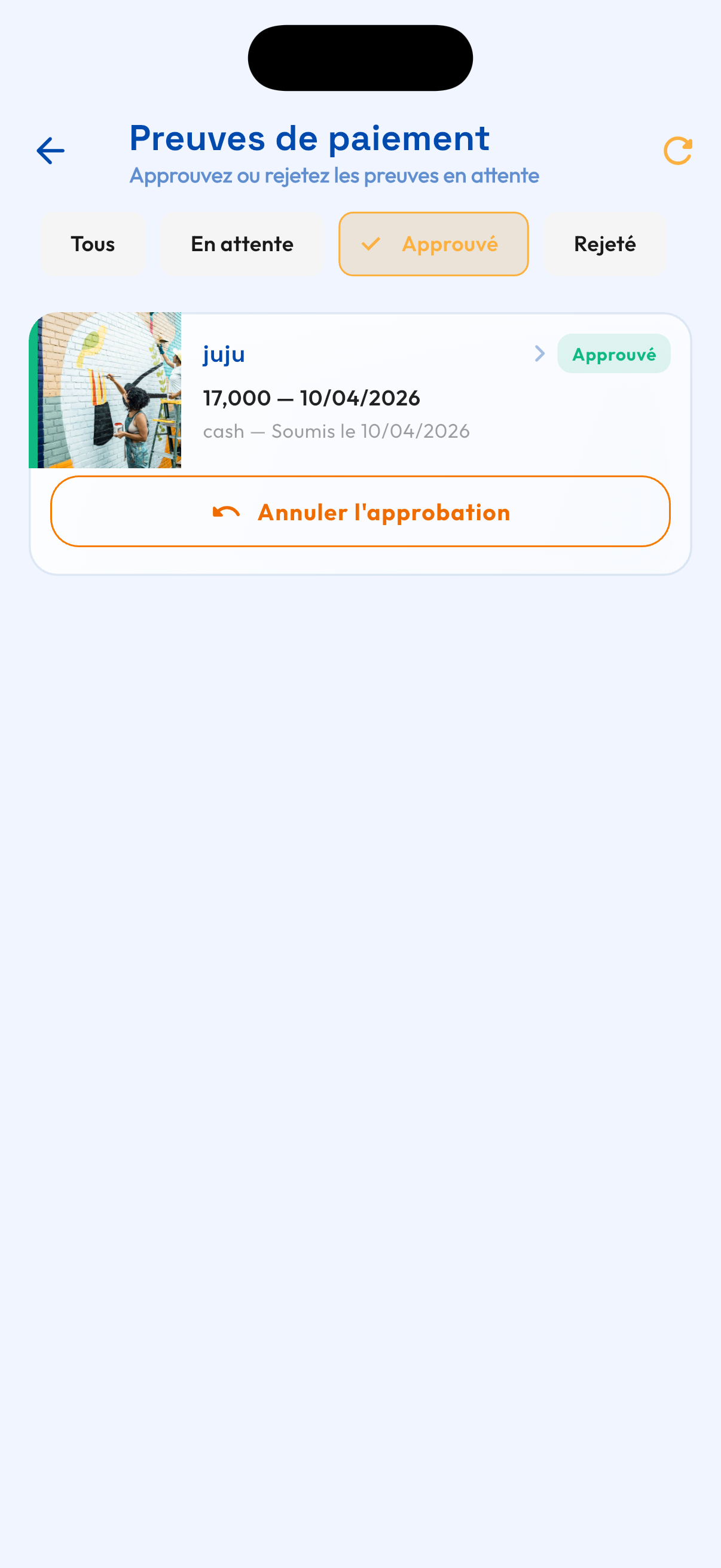 Validation des preuves de paiement soumises par les locataires