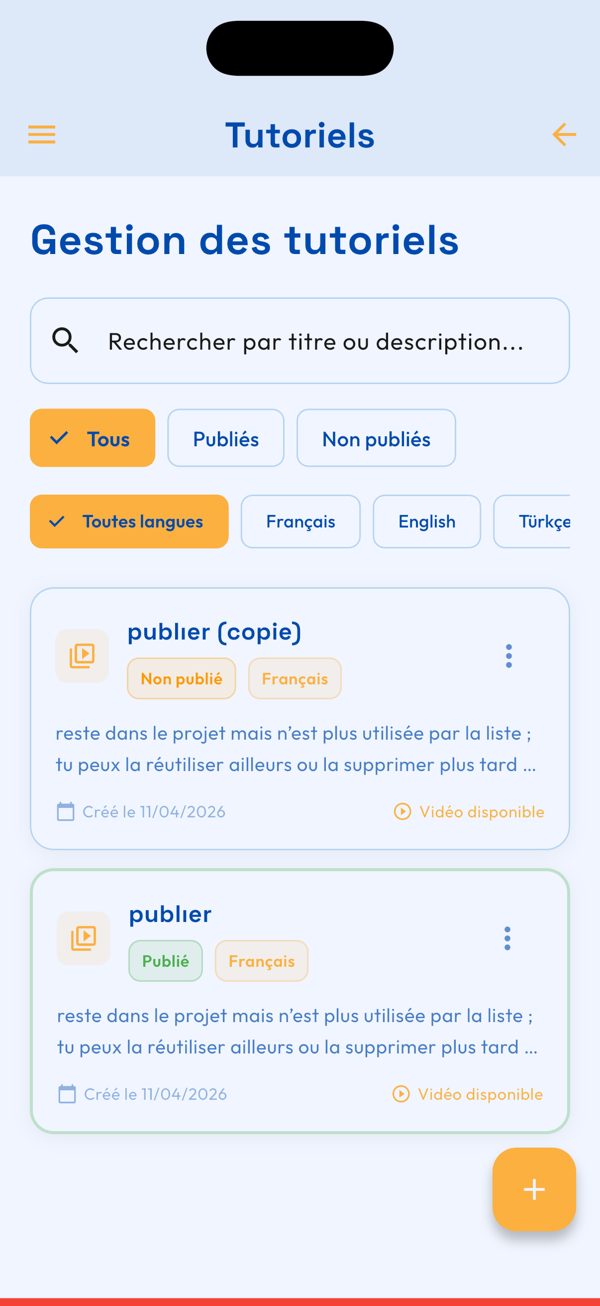 Liste des tutoriels avec filtres par langue