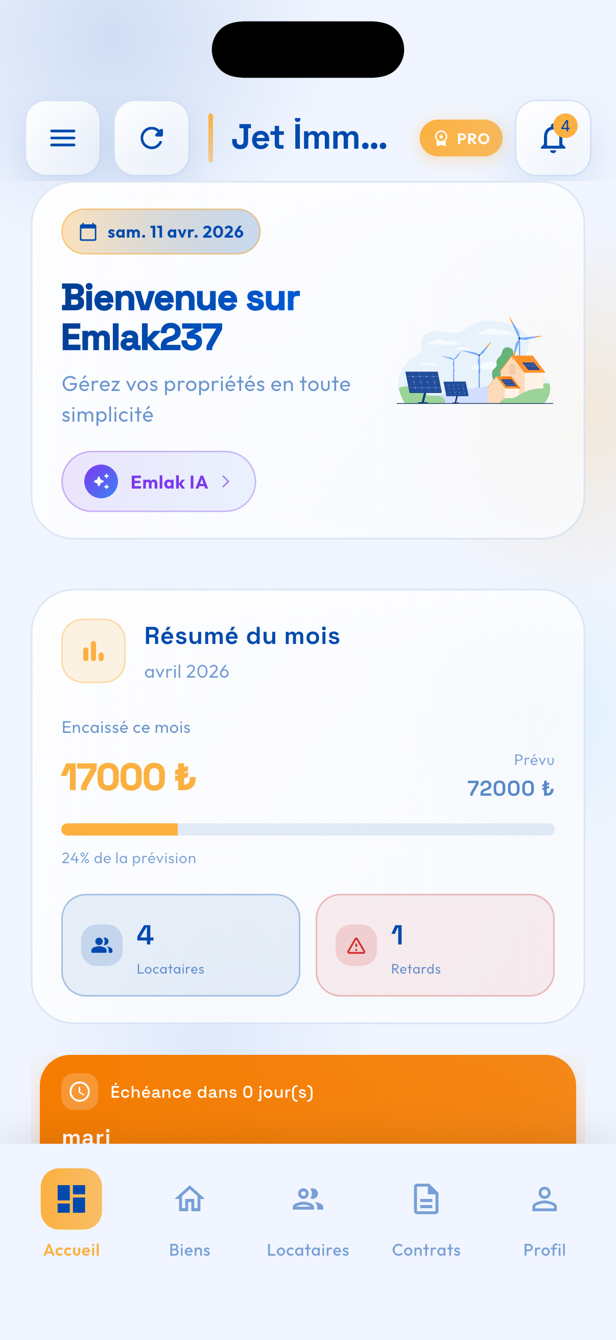Capture d’écran Emlak237 : tableau de bord, résumé du mois et accès Emlak IA