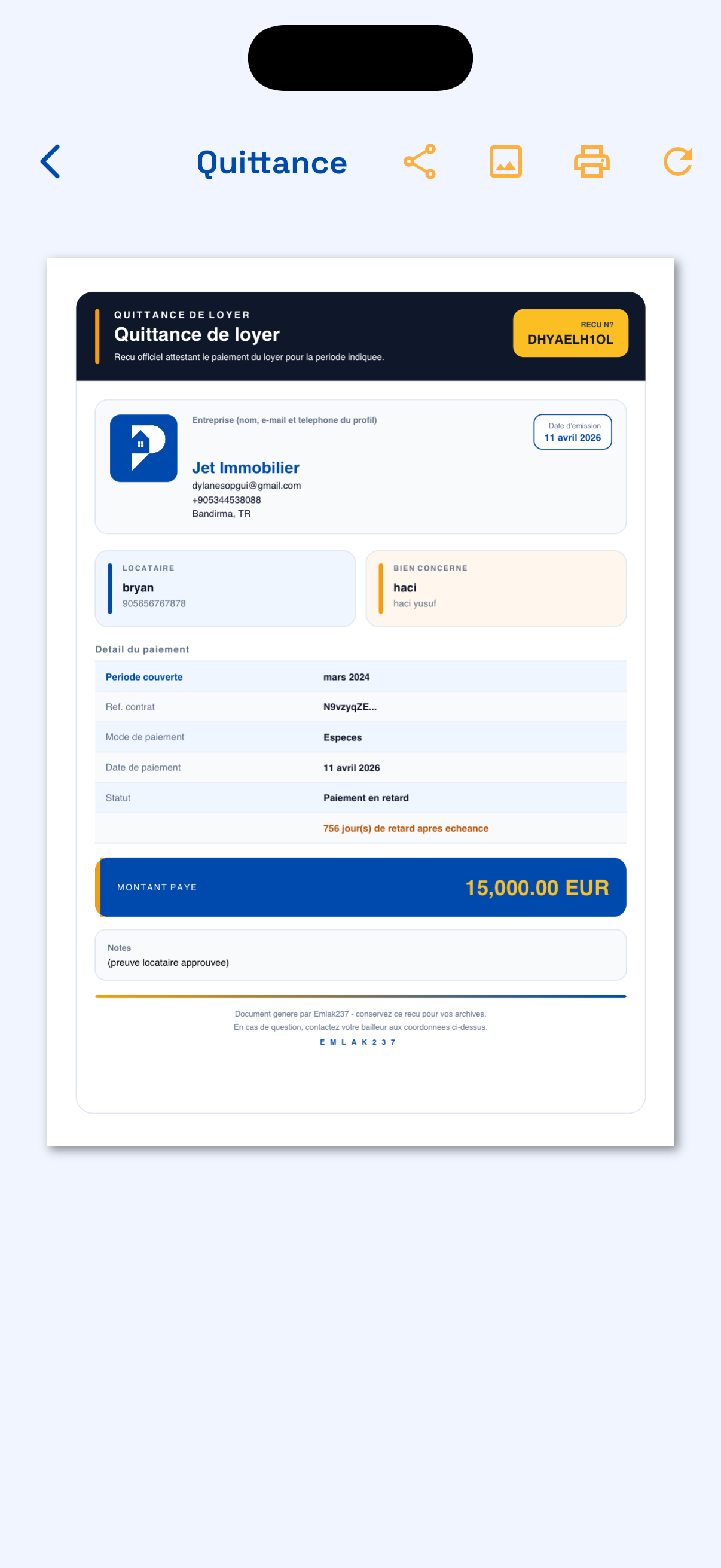 Capture : quittance de loyer dans l’application
